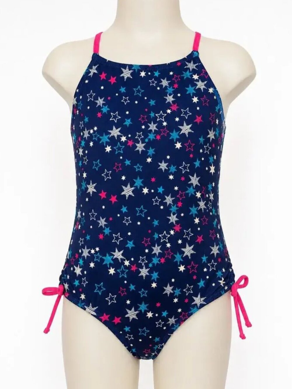 Speedo One Piece Swimsuit Girls Size M Navy Blue Multi color Stars Tie Side